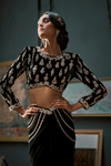Black Embellished Draped Saree with Cropped Blouse